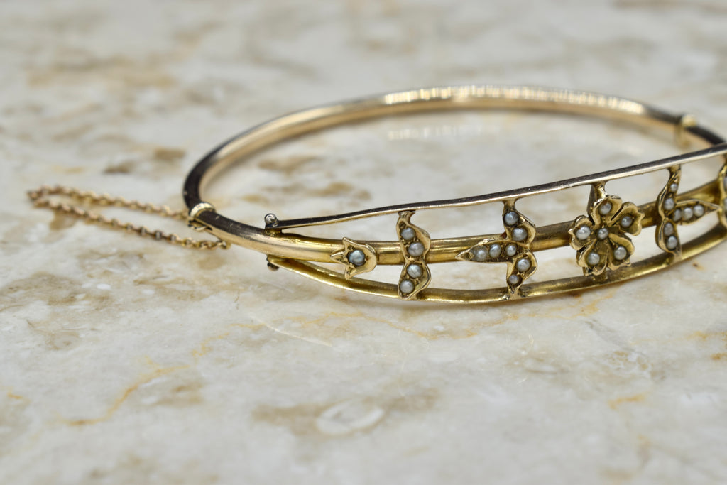 Antique Edwardian 14k Gold Seed Pearl Hinged Bangle Bracelet
