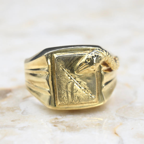 Vintage 18k Gold Snake Signet Ring Monogram A c.1950s