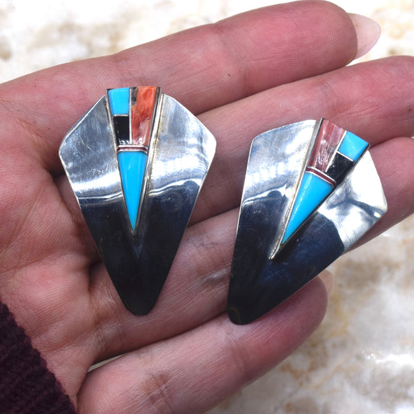 Vintage Native American Sterling Silver Turquoise, Onyx, Spiny Oyster Shield Earrings c.1970s