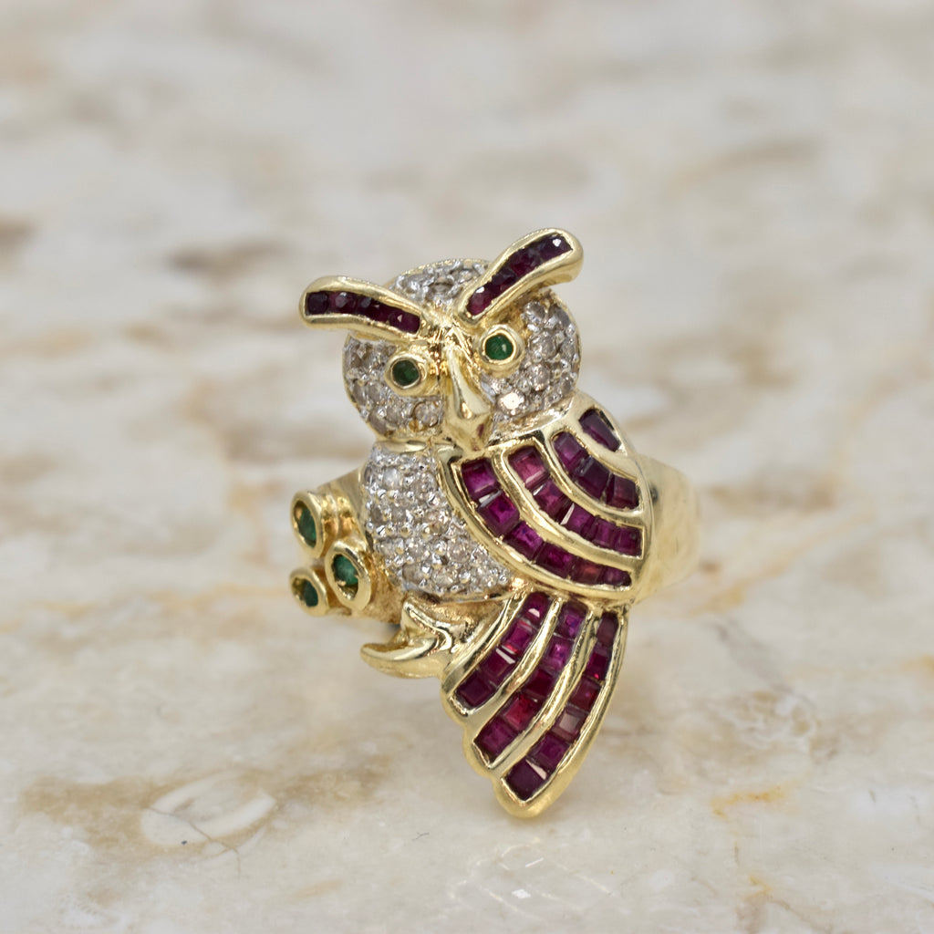 Vintage 14k Gold Owl Ring With Diamonds, Rubies, and Emeralds c.1970s