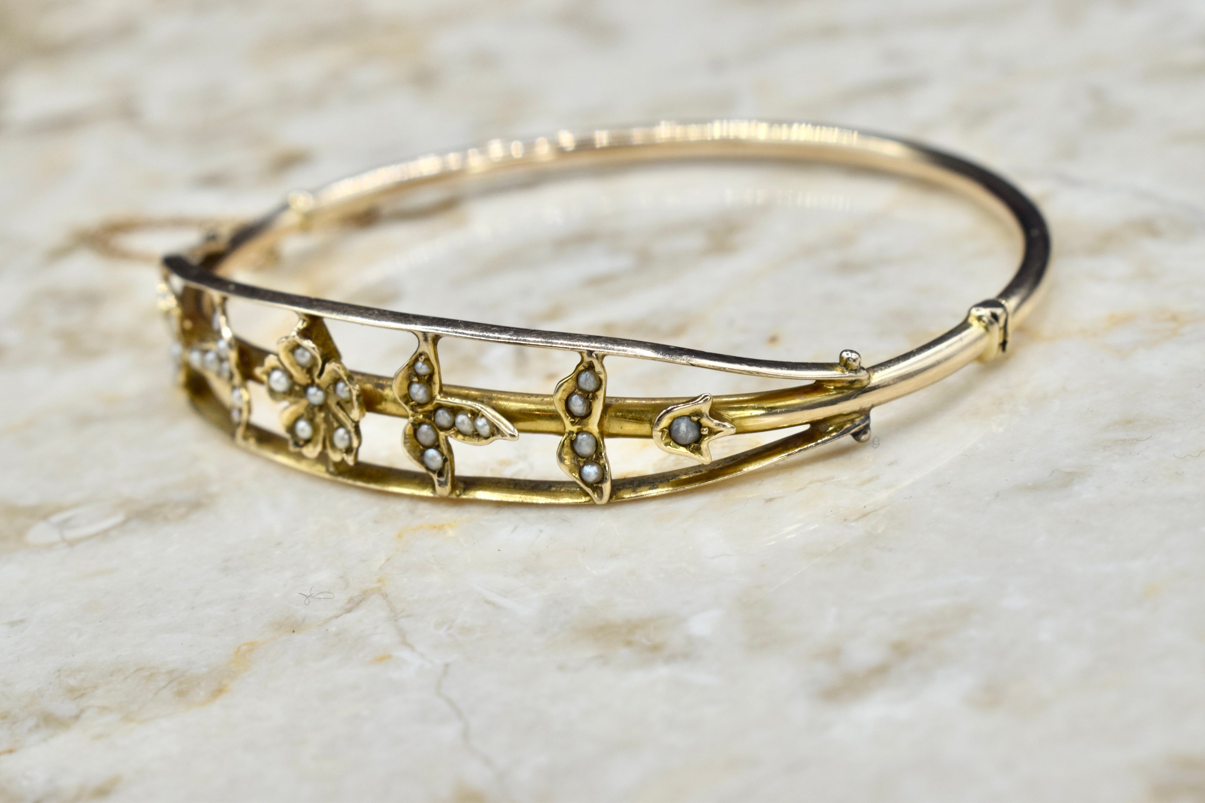 Antique Edwardian 14k Gold Seed Pearl Hinged Bangle Bracelet