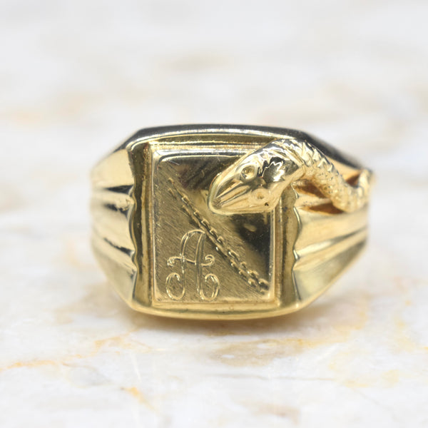 Vintage 18k Gold Snake Signet Ring Monogram A c.1950s