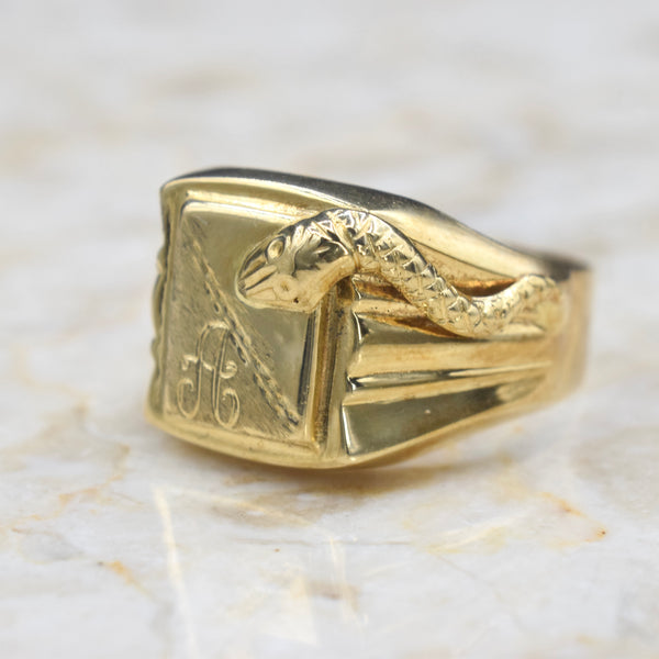 Vintage 18k Gold Snake Signet Ring Monogram A c.1950s