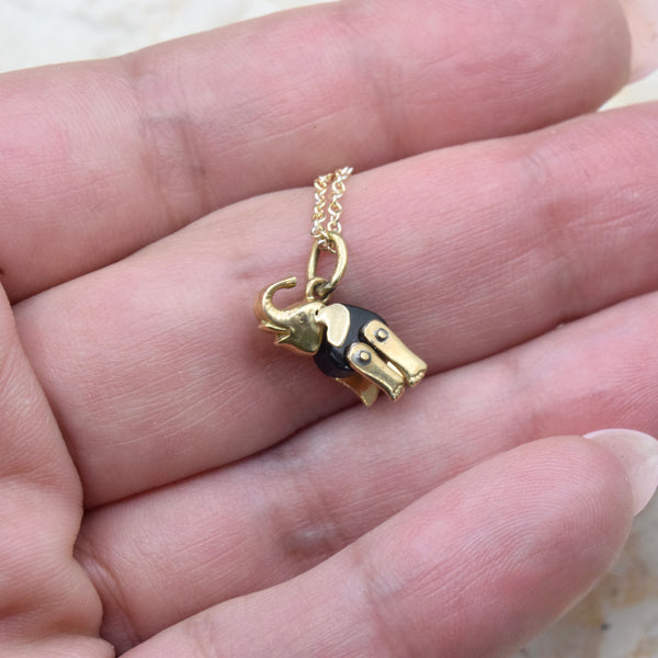 Vintage 14k Gold Onyx Articulated Elephant Charm c.1950s