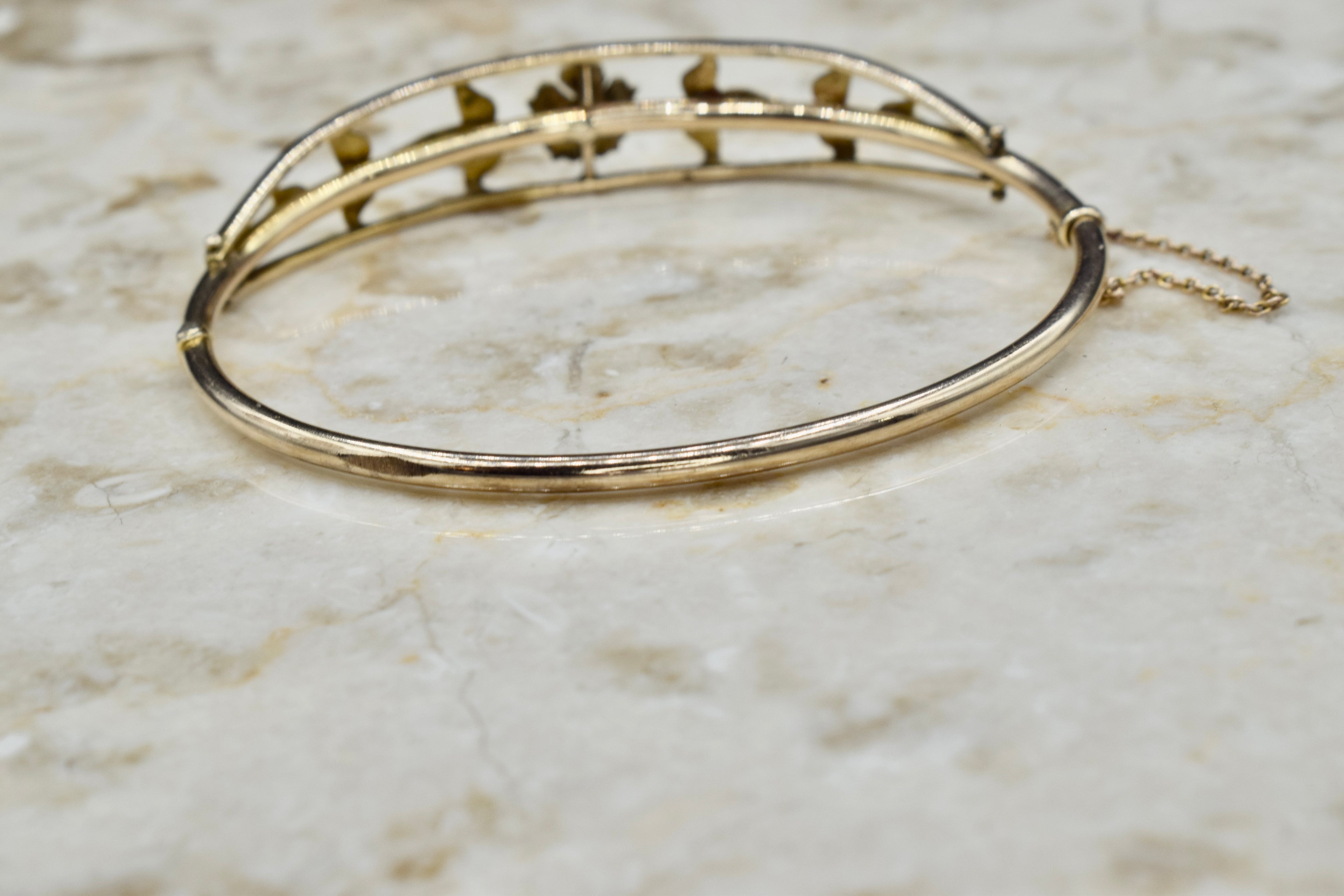 Antique Edwardian 14k Gold Seed Pearl Hinged Bangle Bracelet