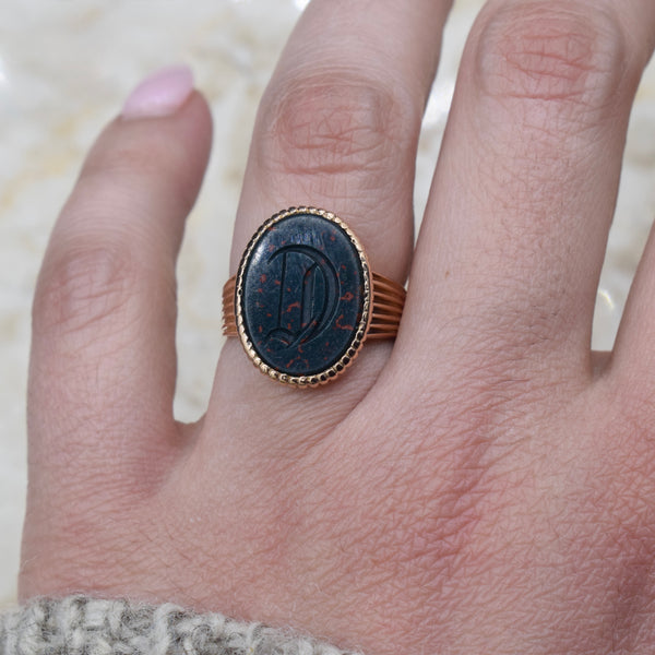 Antique Victorian 18k Gold D Bloodstone Signet Ring c.1880s