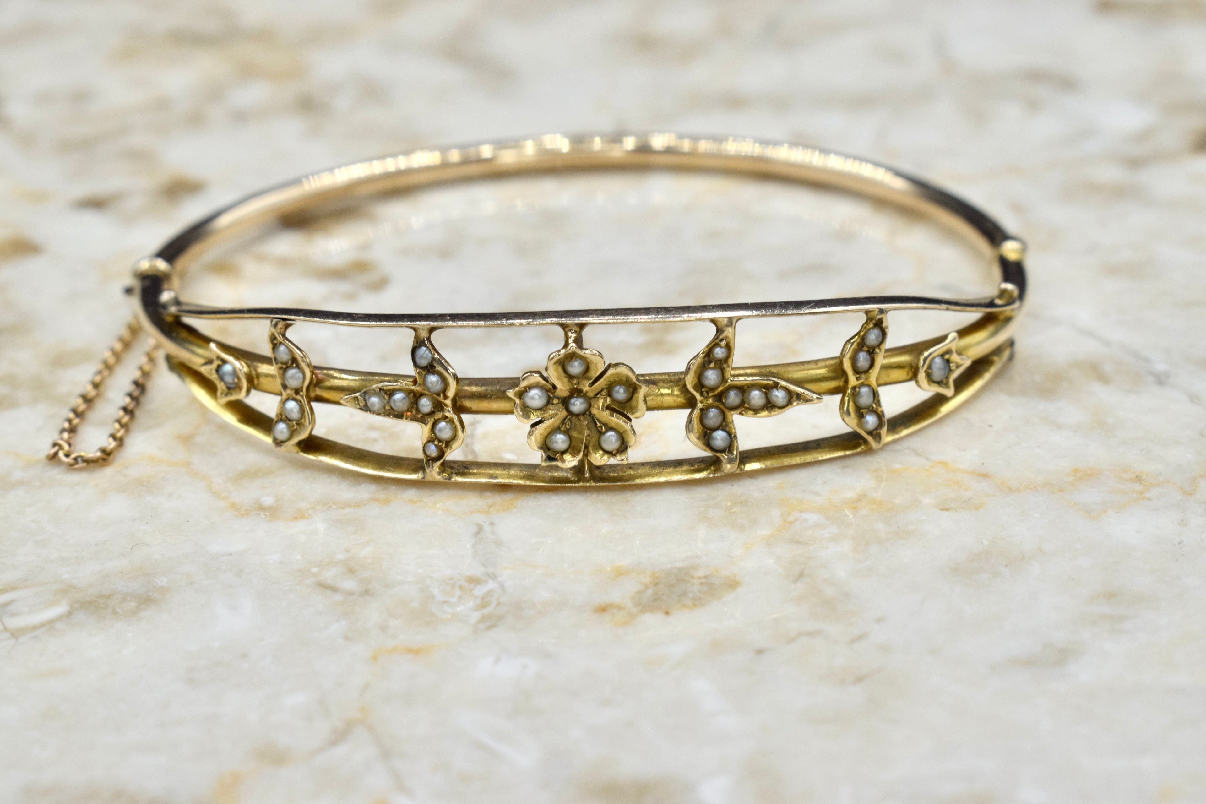 Antique Edwardian 14k Gold Seed Pearl Hinged Bangle Bracelet