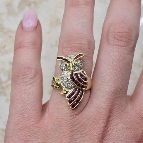 Vintage 14k Gold Owl Ring With Diamonds, Rubies, and Emeralds c.1970s