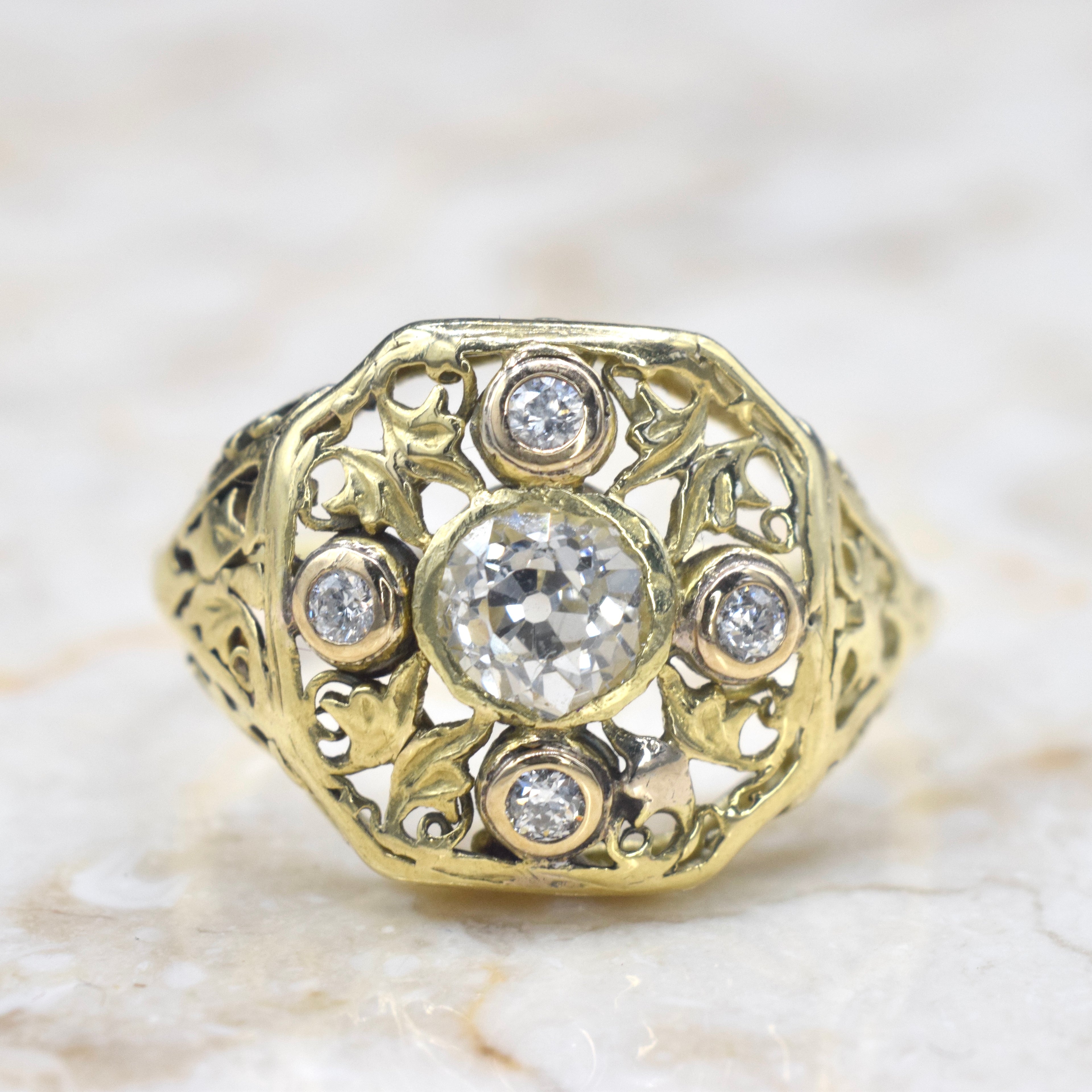 Antique 18k Gold Filigree Ring with .71 TCW Old Mine Cut Diamonds