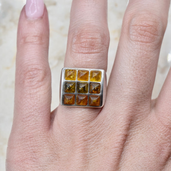 Vintage Sterling Silver Baltic Amber Signet Ring c.1970s