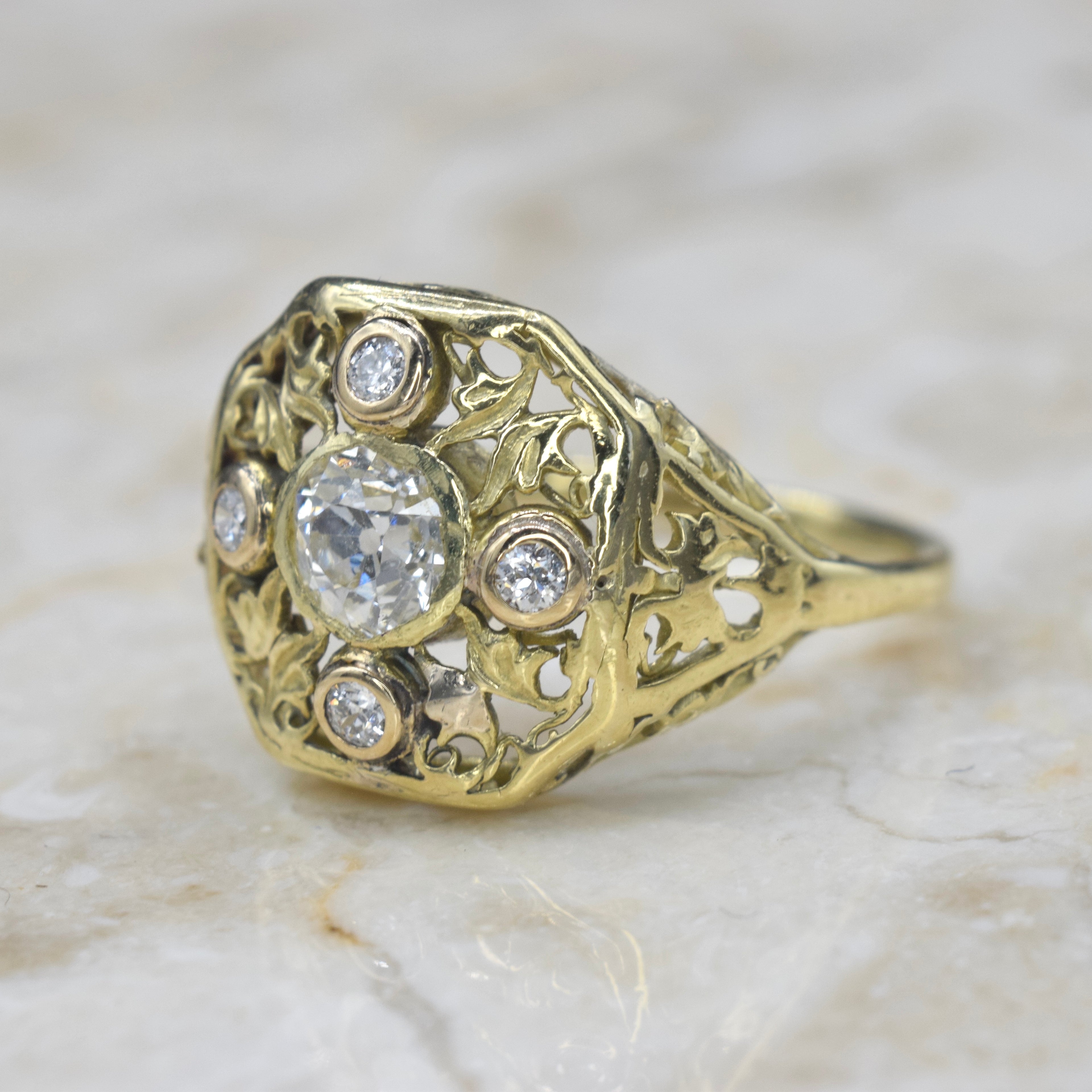 Antique 18k Gold Filigree Ring with .71 TCW Old Mine Cut Diamonds