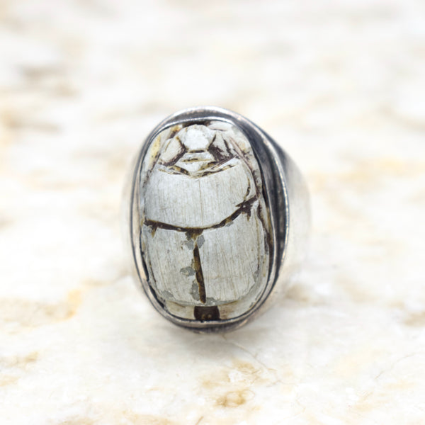 Vintage Sterling Silver Faience Scarab Ring c.1970s