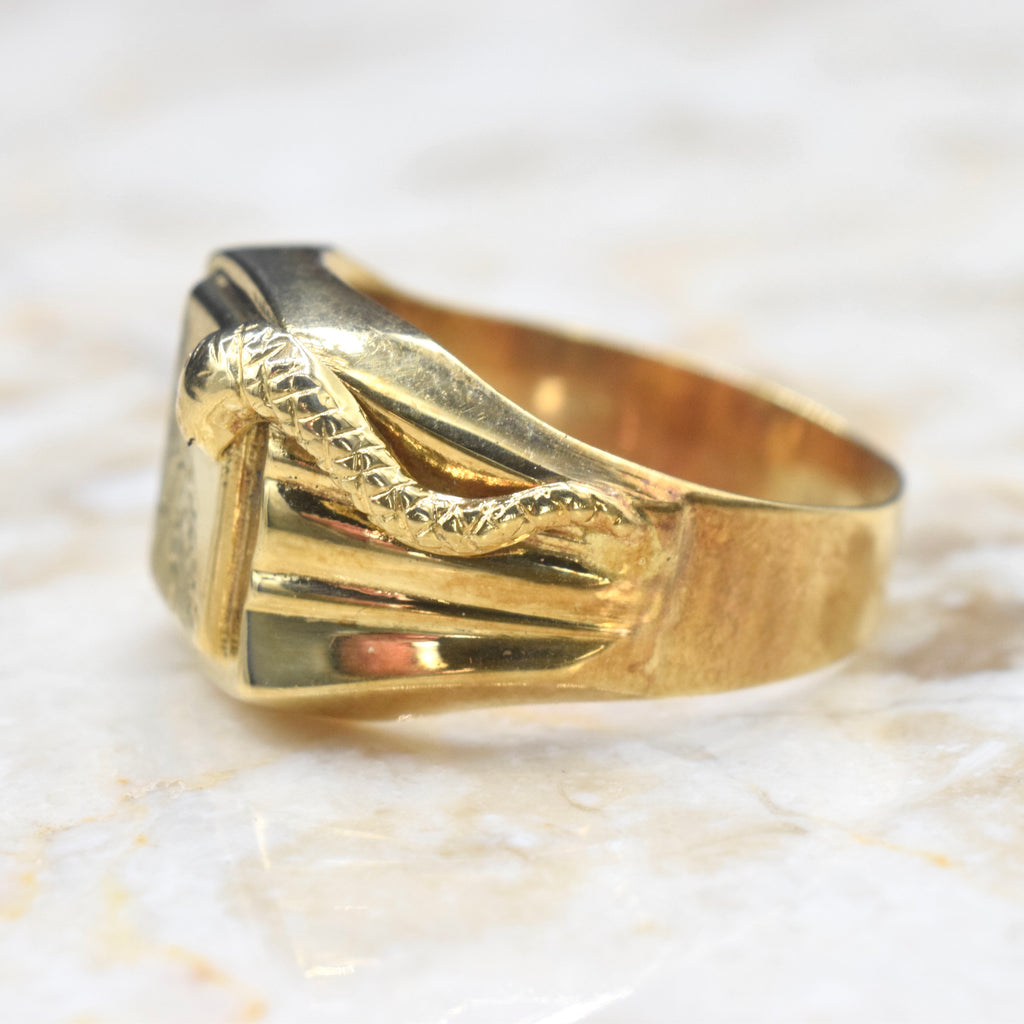 Vintage 18k Gold Snake Signet Ring Monogram A c.1950s