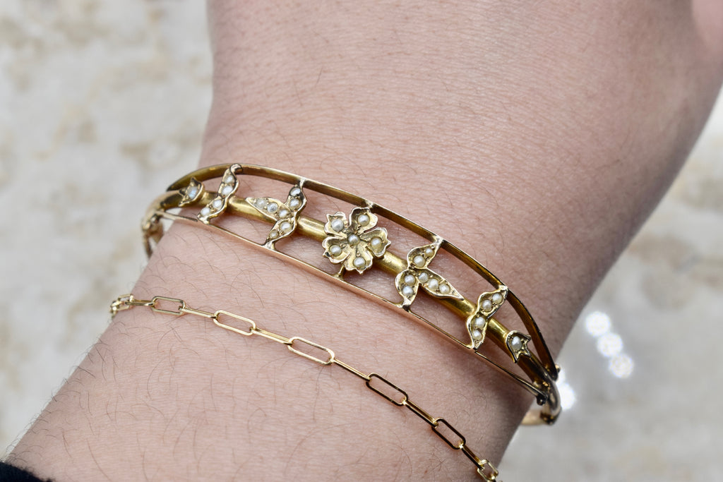 Antique Edwardian 14k Gold Seed Pearl Hinged Bangle Bracelet