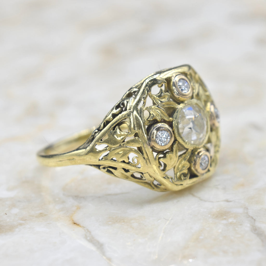 Antique 18k Gold Filigree Ring with .71 TCW Old Mine Cut Diamonds