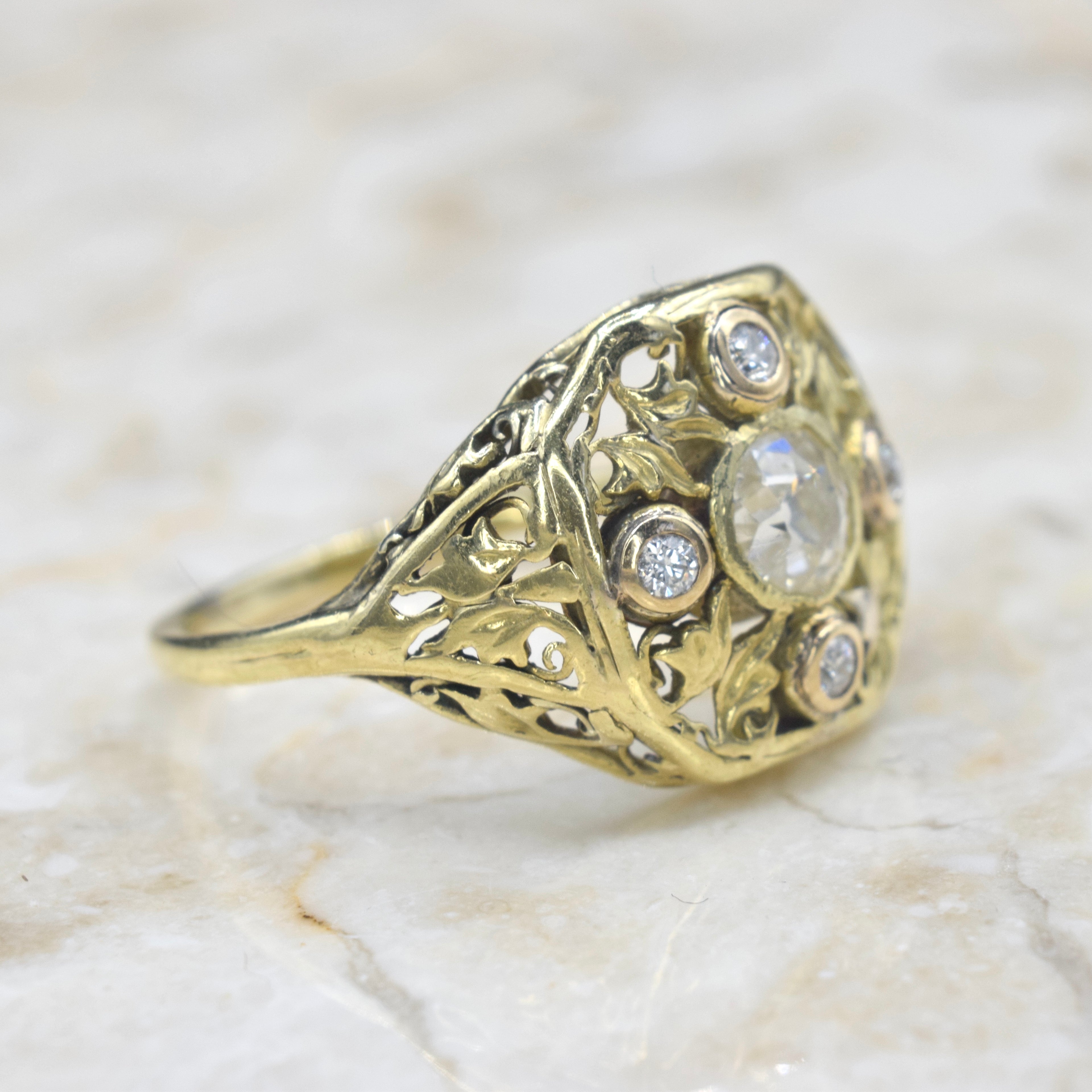 Antique 18k Gold Filigree Ring with .71 TCW Old Mine Cut Diamonds