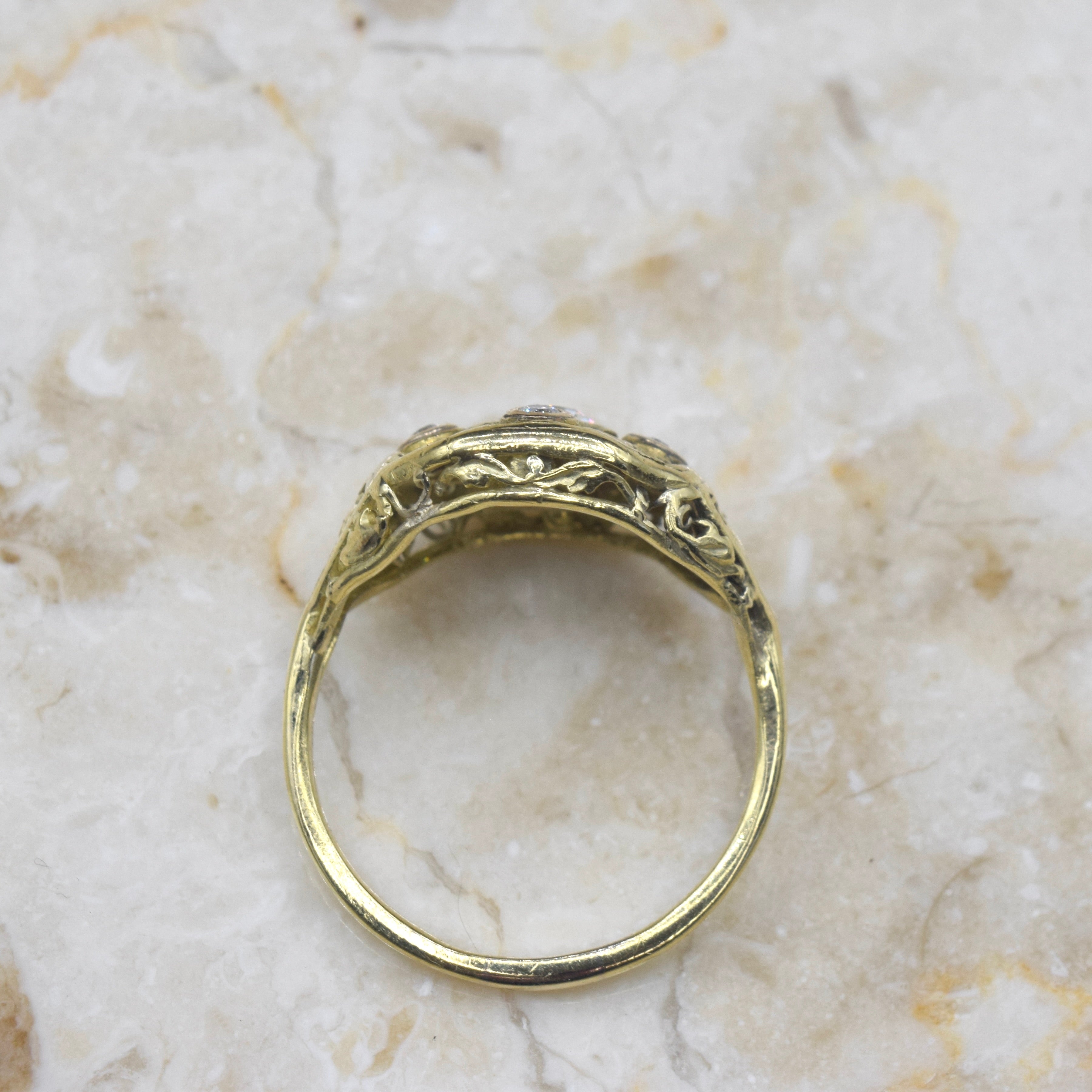 Antique 18k Gold Filigree Ring with .71 TCW Old Mine Cut Diamonds