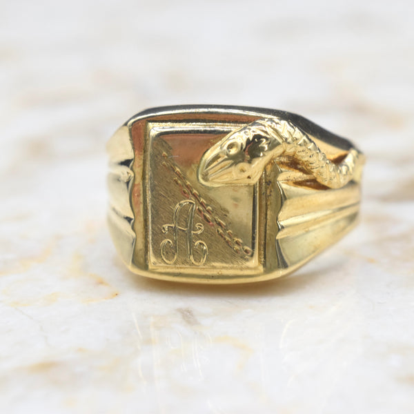 Vintage 18k Gold Snake Signet Ring Monogram A c.1950s