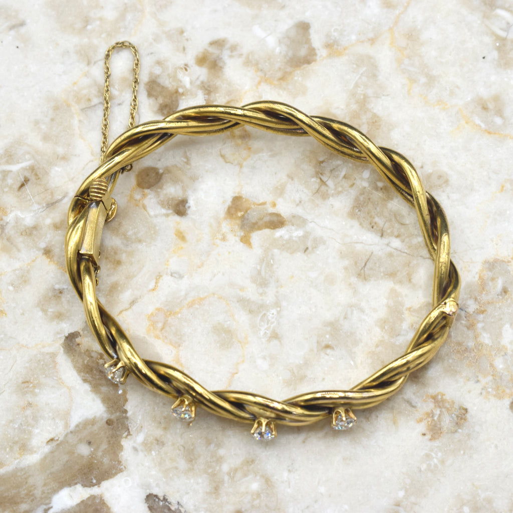 Antique Victorian 14k Gold Old European Cut Diamond Hinged Bangle Bracelet