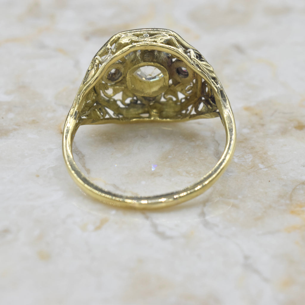 Antique 18k Gold Filigree Ring with .71 TCW Old Mine Cut Diamonds