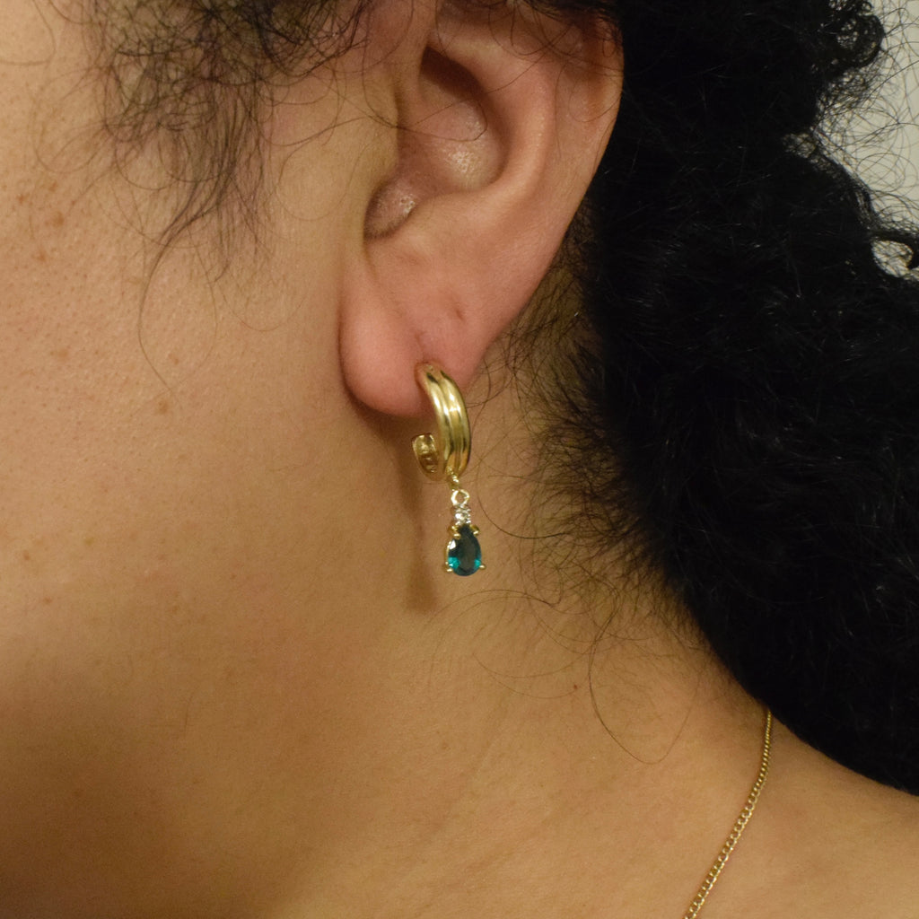 Vintage Lab-Made Emerald Drop Hoop Earrings – 14K Gold with Natural Diamond