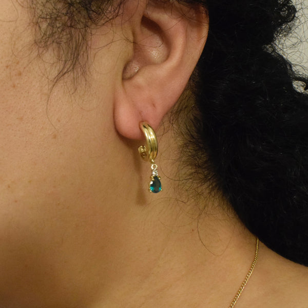 Vintage Lab-Made Emerald Drop Hoop Earrings – 14K Gold with Natural Diamond