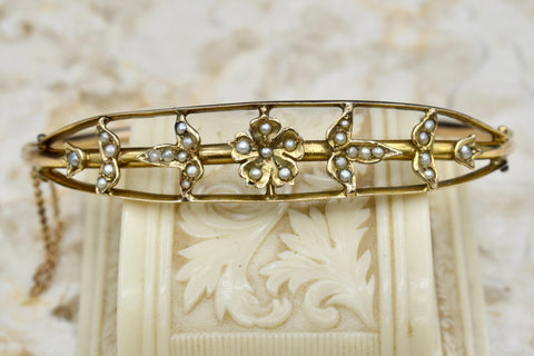 Antique Edwardian 14k Gold Seed Pearl Hinged Bangle Bracelet