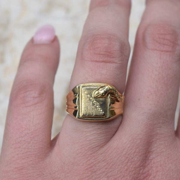 Vintage 18k Gold Snake Signet Ring Monogram A c.1950s