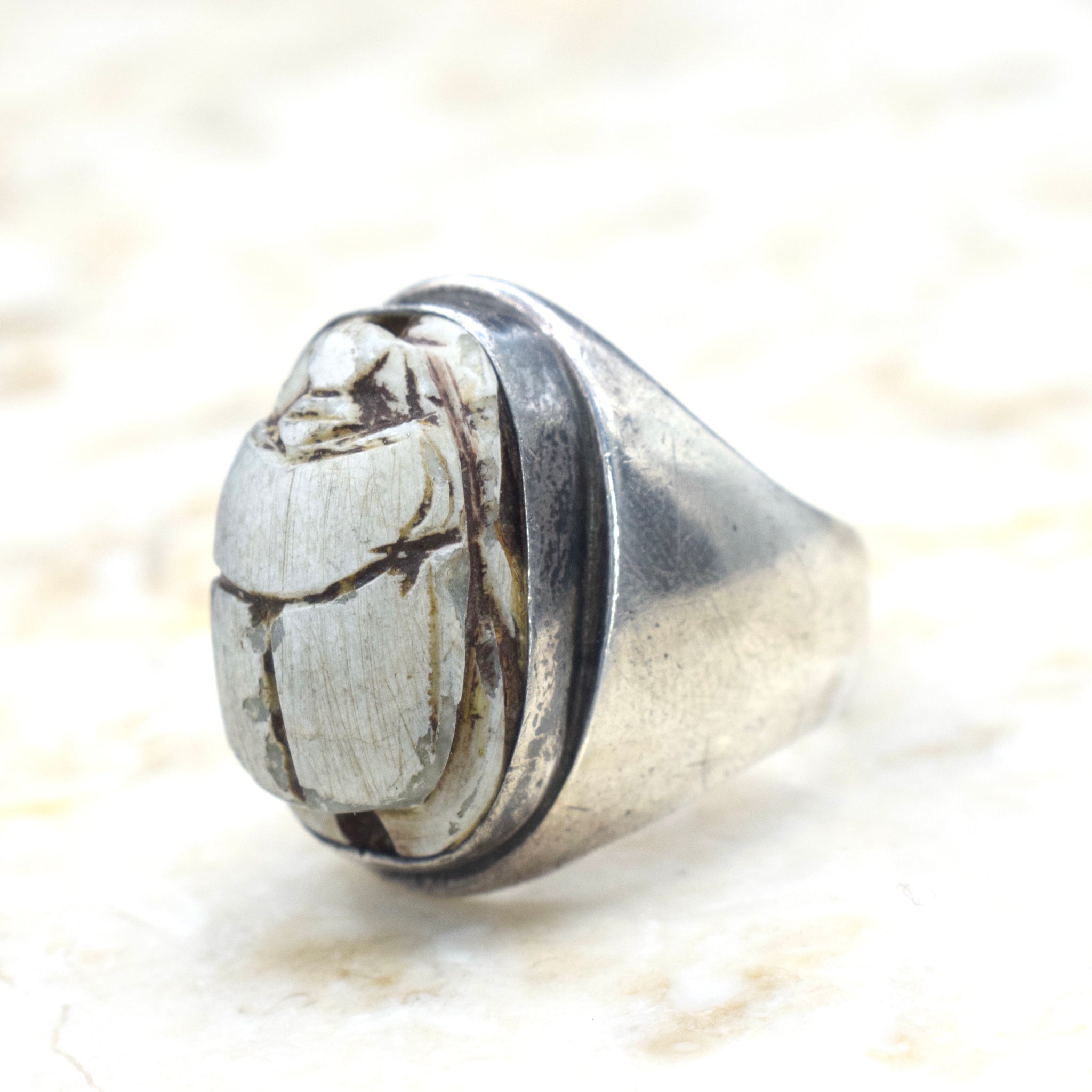 Vintage Sterling Silver Faience Scarab Ring c.1970s