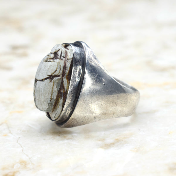 Vintage Sterling Silver Faience Scarab Ring c.1970s