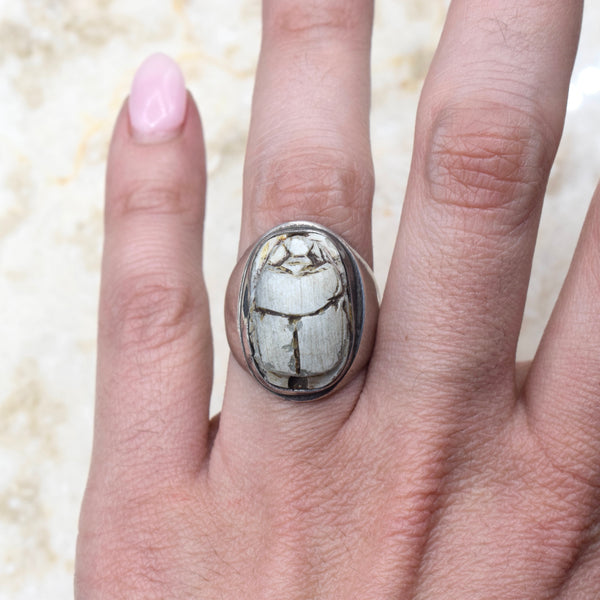 Vintage Sterling Silver Faience Scarab Ring c.1970s