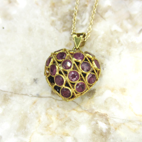 Vintage 14k Gold Sapphire and Ruby Puffed Heart Charm