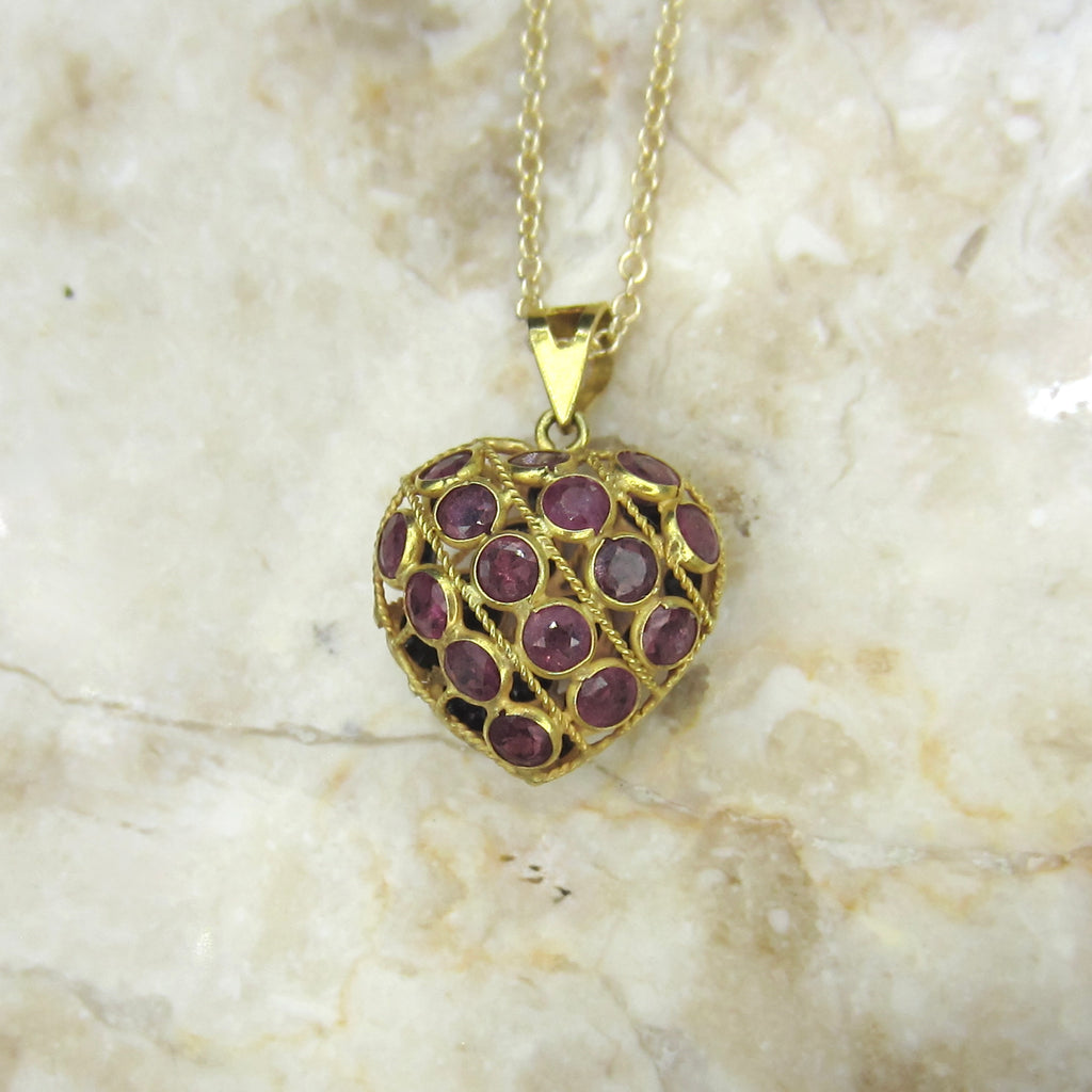 Vintage 14k Gold Sapphire and Ruby Puffed Heart Charm