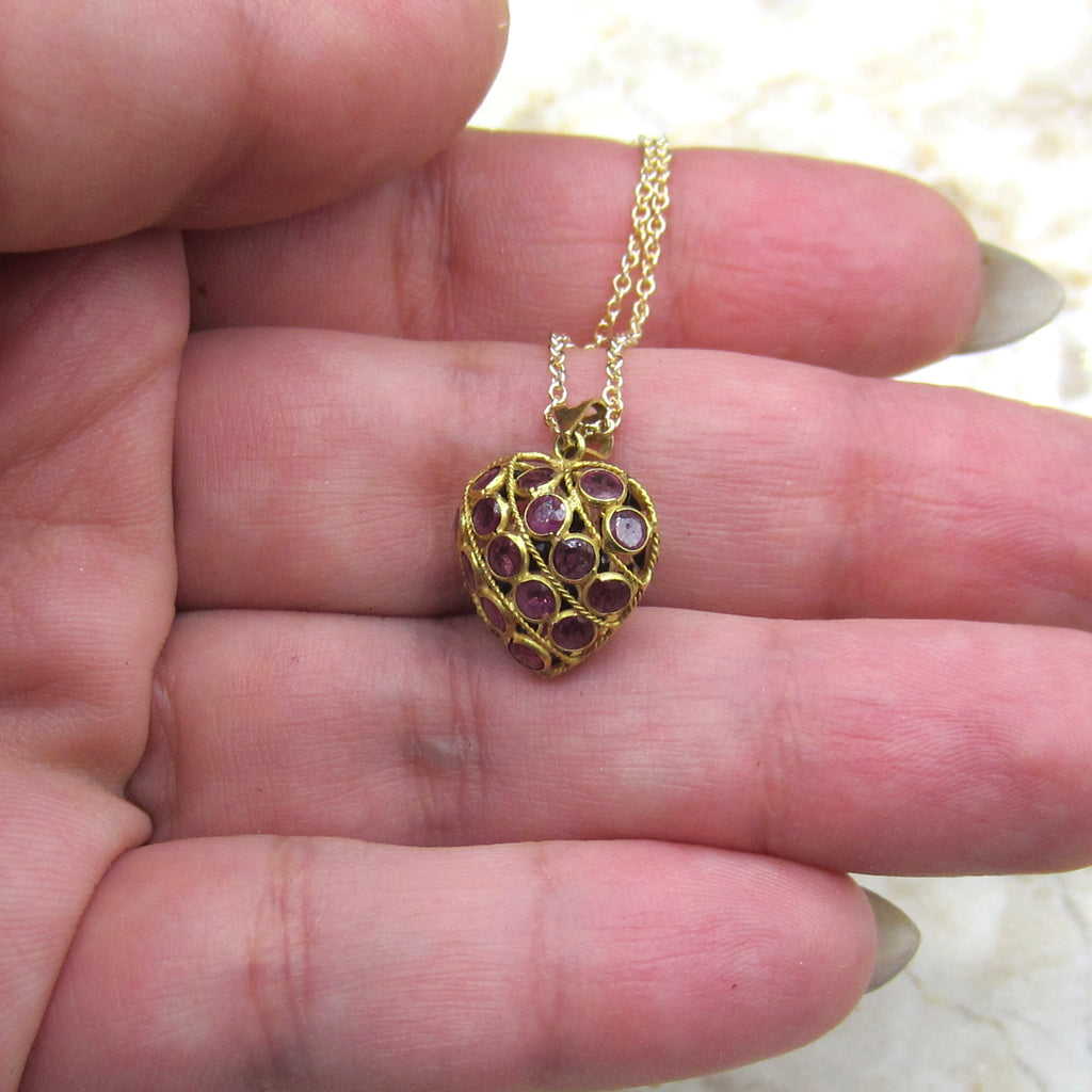 Vintage 14k Gold Sapphire and Ruby Puffed Heart Charm