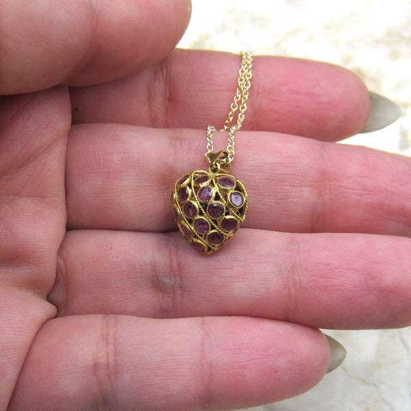 Vintage 14k Gold Sapphire and Ruby Puffed Heart Charm