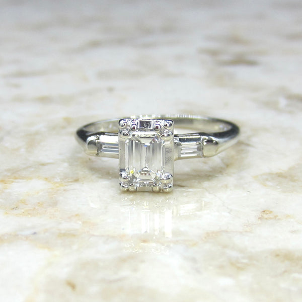 Vintage 14k White Gold .56 ct Emerald Cut Diamond Ring c.1940s