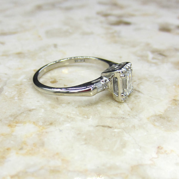 Vintage 14k White Gold .56 ct Emerald Cut Diamond Ring c.1940s