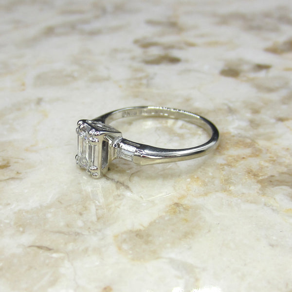 Vintage 14k White Gold .56 ct Emerald Cut Diamond Ring c.1940s