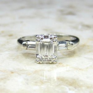 Vintage 14k White Gold .56 ct Emerald Cut Diamond Ring c.1940s