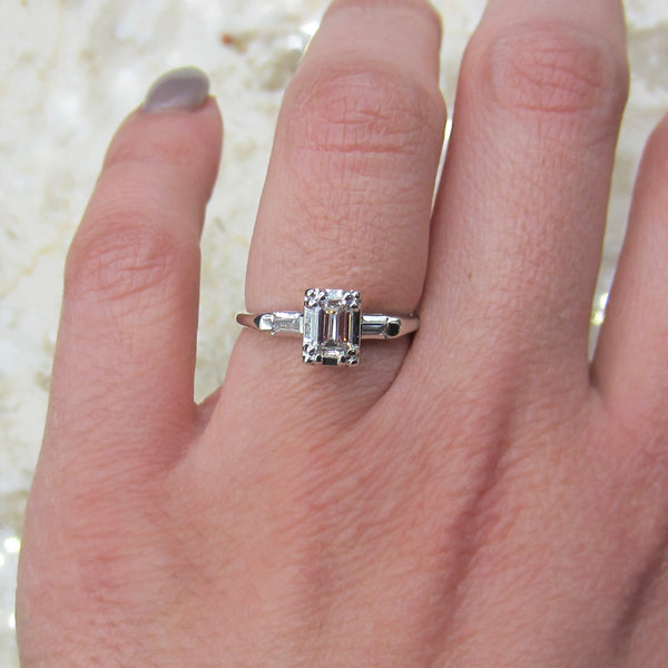 Vintage 14k White Gold .56 ct Emerald Cut Diamond Ring c.1940s