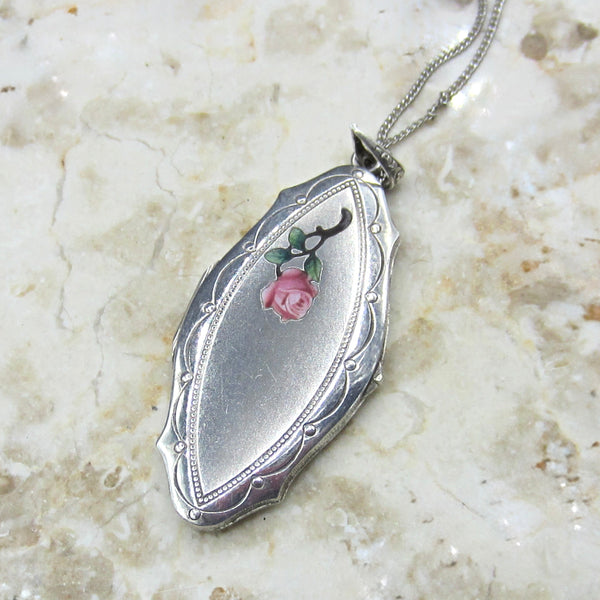 Antique Sterling Silver Enamel Rose Locket c.1910