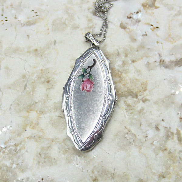 Antique Sterling Silver Enamel Rose Locket c.1910