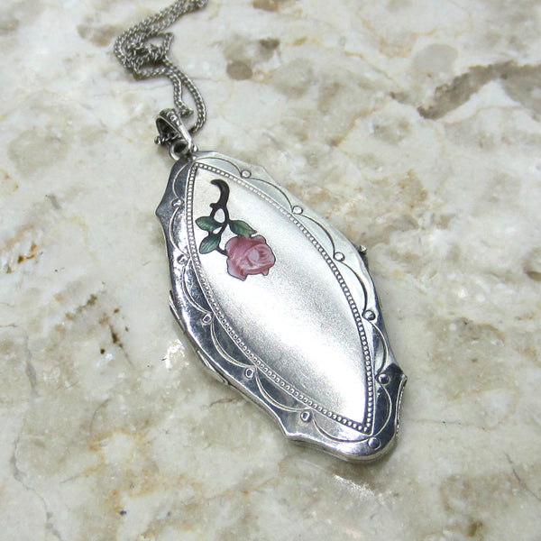 Antique Sterling Silver Enamel Rose Locket c.1910