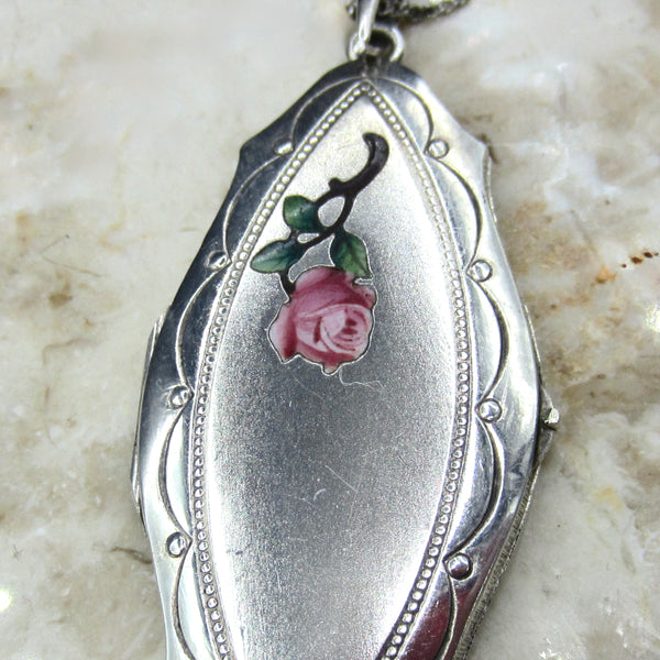 Antique Sterling Silver Enamel Rose Locket c.1910