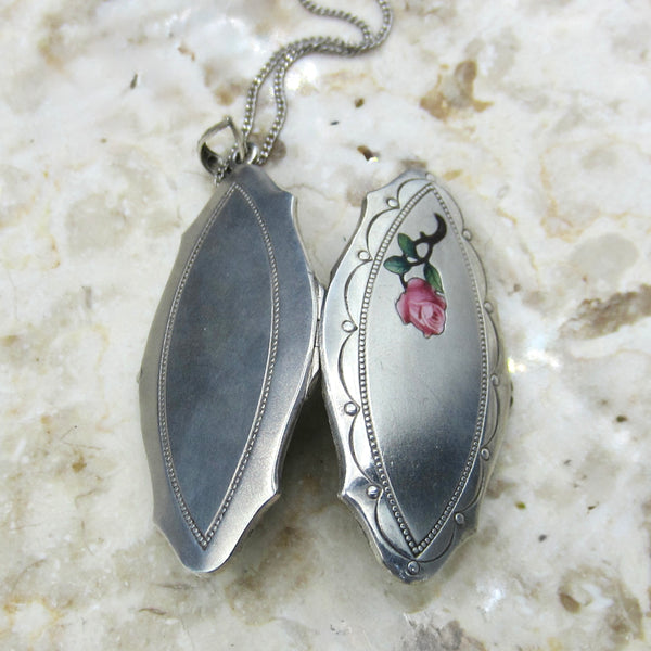 Antique Sterling Silver Enamel Rose Locket c.1910