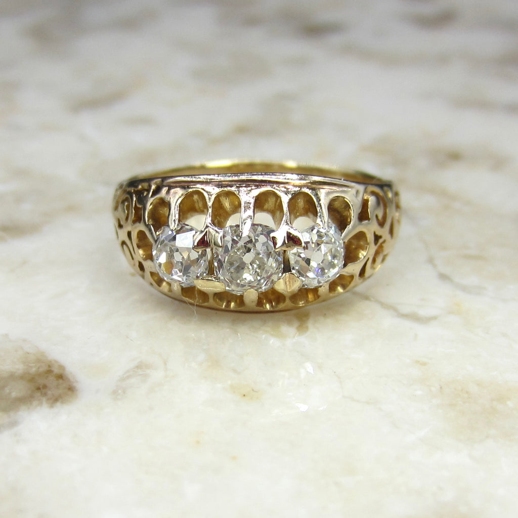 Antique Victorian 14k Gold Old Mine Cut Diamond Three Stone Ring c.1880s