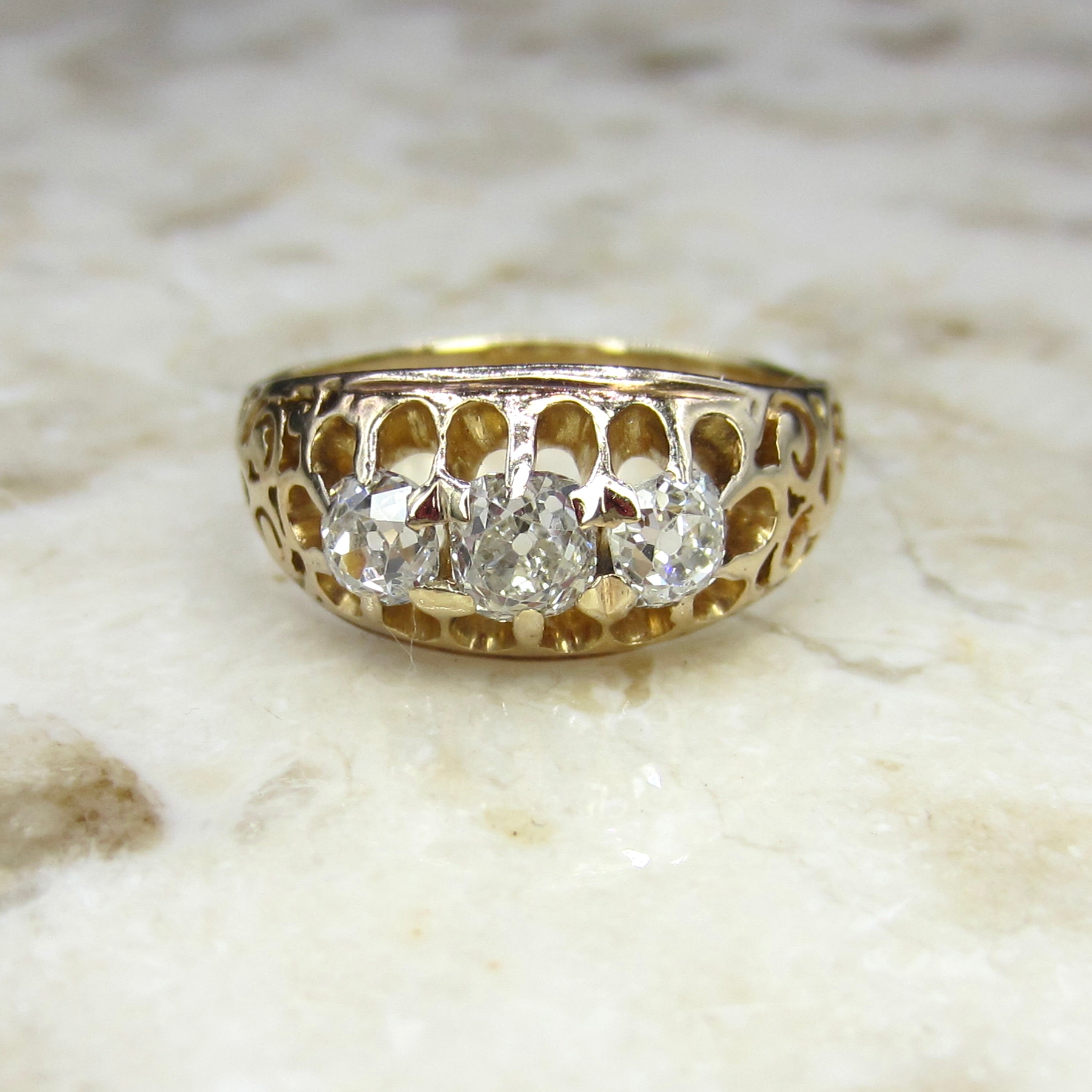 Antique Victorian 14k Gold Old Mine Cut Diamond Three Stone Ring c.1880s