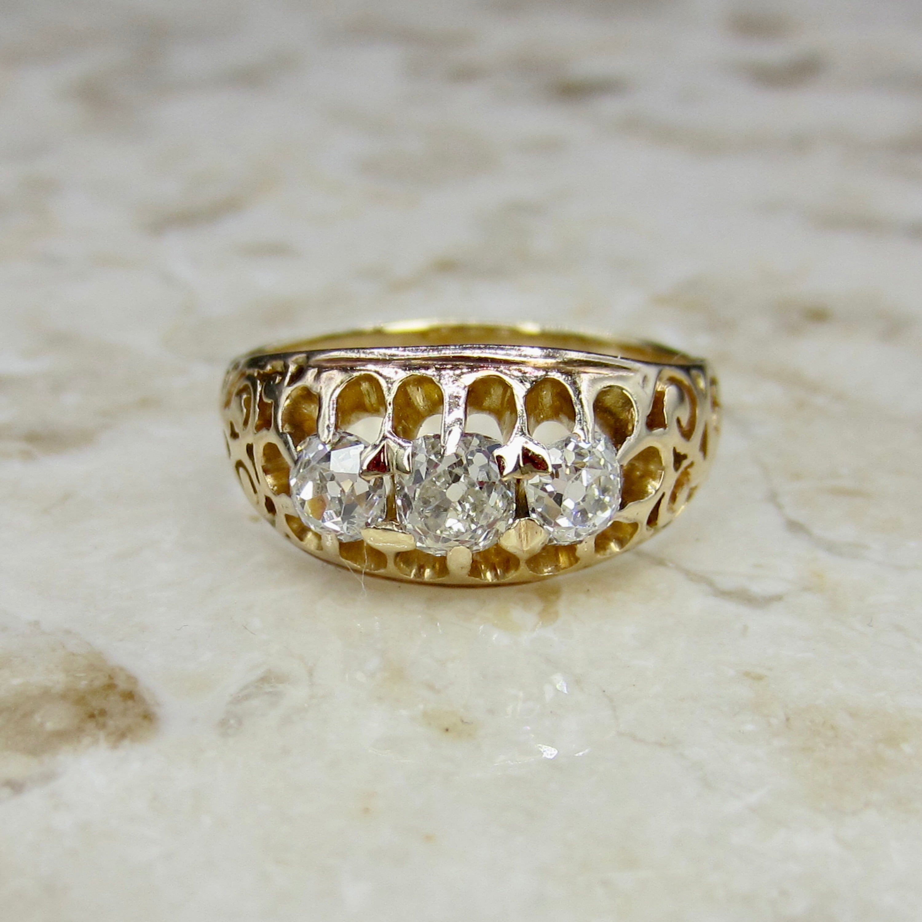 Antique Victorian 14k Gold Old Mine Cut Diamond Three Stone Ring c.1880s