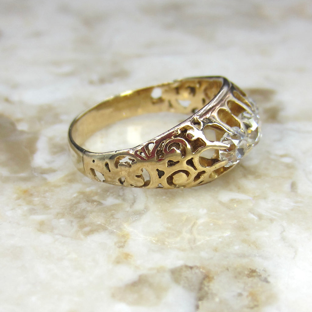 Antique Victorian 14k Gold Old Mine Cut Diamond Three Stone Ring c.1880s