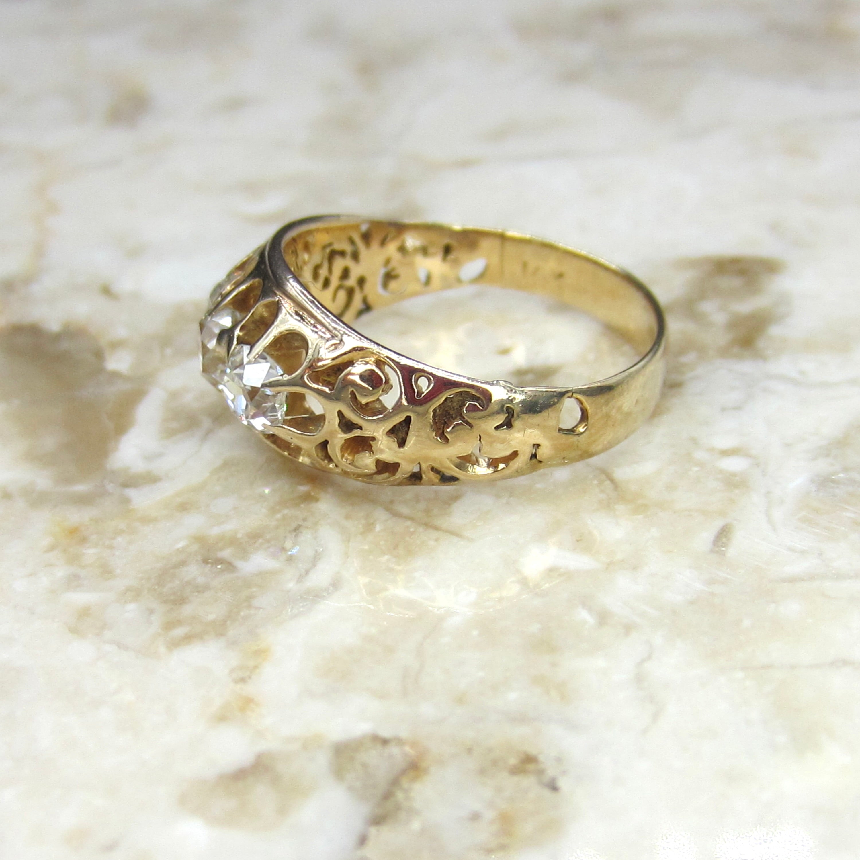 Antique Victorian 14k Gold Old Mine Cut Diamond Three Stone Ring c.1880s